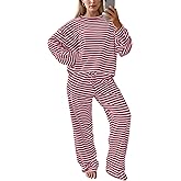MISSACTIVER Women's Striped 2 Piece Lounge Set Casual Long Sleeve T-Shirt Drawstring Wide Leg Pants Matching Pajamas Set