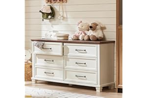 SAVOR LIFE Farmhouse 6 Drawer Dresser for Bedroom, 54 inch Wide Large Vintage Chest of Drawers with Square Solid Wood Legs, Rustic TV Stand for Living Room, Wooden Storage Dressers for Hallway, White