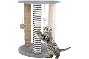 Cat Scratching Post - 3 Scratcher Posts with Carpeted Scratch Pad Base and Perch - Furniture Scratching Deterrent for Indoor Cats by PETMAKER (Gray)