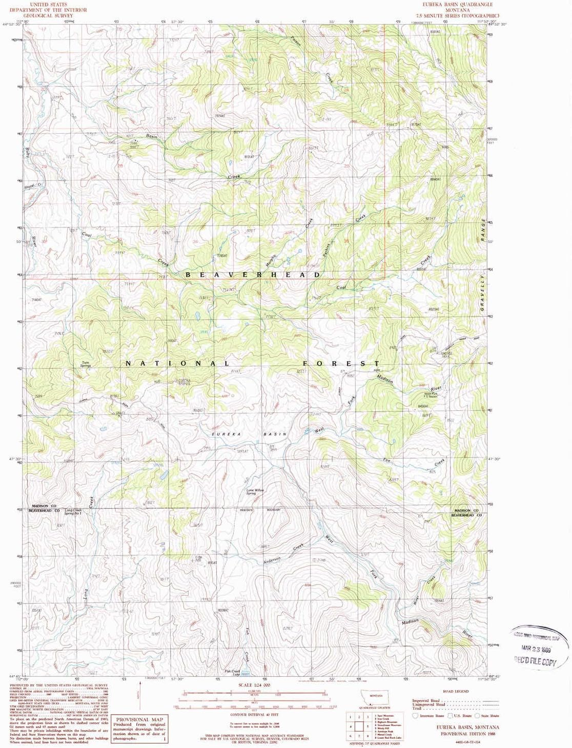 YellowMaps Eureka Basin MT topo map, 1:24000 Scale, 7.5 X 7.5 Minute, Historical, 1988, Updated 1988, 26.9 x 22 in