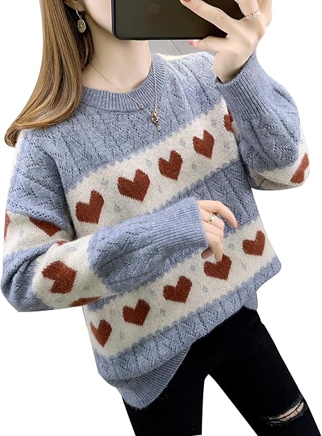 Amazon エックスパス Xpath セーター レディース クルーネック ゆったり ニット トップス ボーダー ハート 大きいサイズ マルチ柄 秋 冬 グレー W6gre セーター 通販