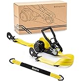 Strapinno Retractable Ratchet Tie-Down Strap 2in x 16ft Heavy-Duty with Snap Hooks, 10,000lbs Breaking Strength, 3,333lbs Working Load Limit, Includes 36in Axle Strap (1 PC)