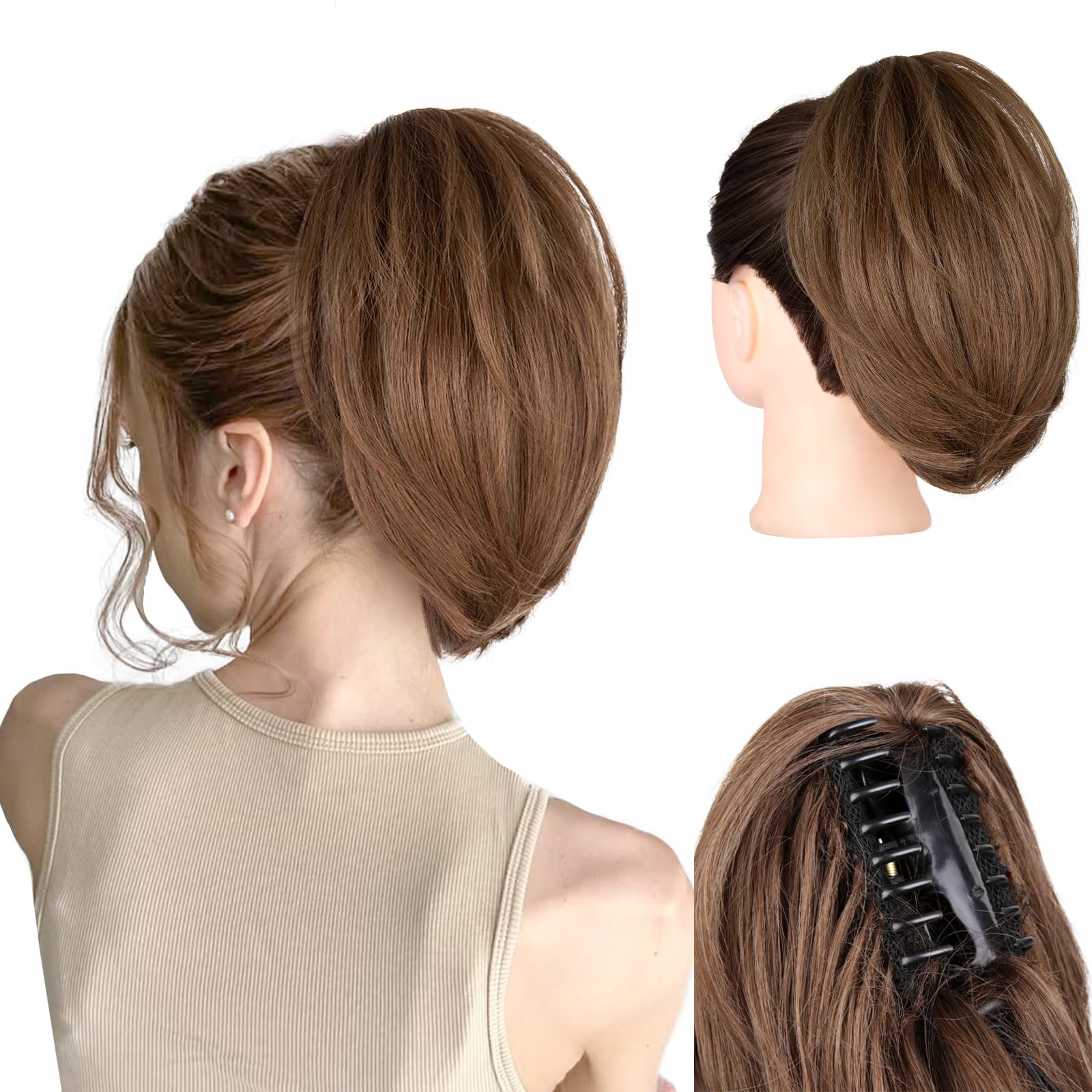 Photo 1 of Claw Clip Ponytail Extension - 10 Inch Short Ponytail Extension, Straight Pony Tails Hair Extensions, Synthetic Hair Extensions Ponytail, Clip On Ponytails for Women (Medium Brown Mixed Light Brown)