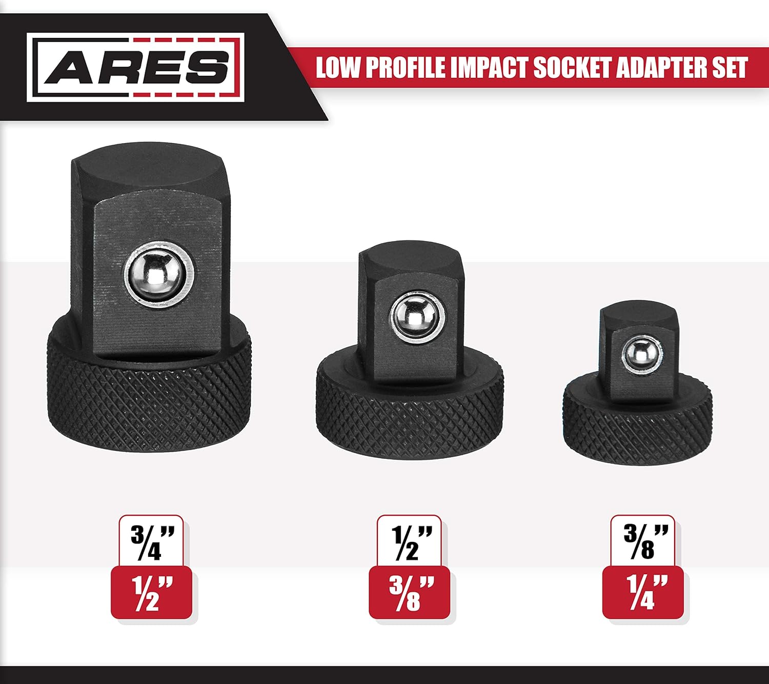 ARES 70198 - Low Profile Impact Socket Adapter Set - Impact-Rated Heat-Treated Chrome Vanadium Steel Features Knurling For Enhanced Grip: Automotive