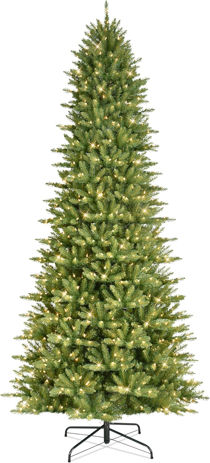 Trees - Puleo International 10 Foot Pre-Lit Slim Fraser Fir Artificial Christmas Tree with 900 UL Listed Clear Lights, Green
