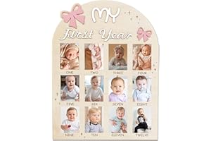 Aukolass Bow One Year of Photo Board, My First Year Photo Photo Board 12 Monthly Milestones Picture Frame for Baby Girl 1st Birthday Decorations (pink) (2" x 3")