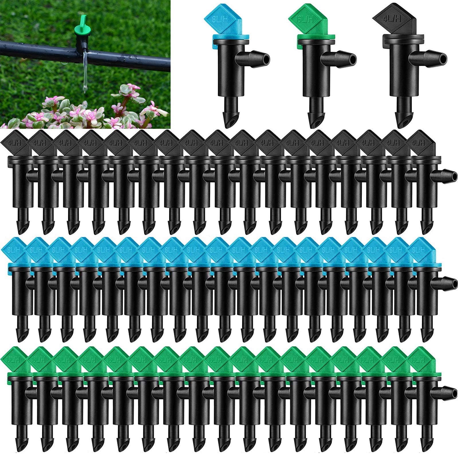 60Pcs Flag Drip Irrigation Garden Irrigation, HOINCO 3 Sizes Garden Flag Irrigation Dripper Emitter, for Trees, Shrubs, Garden (1 GPH Black,2 GPH Blue,4 GPH Green)