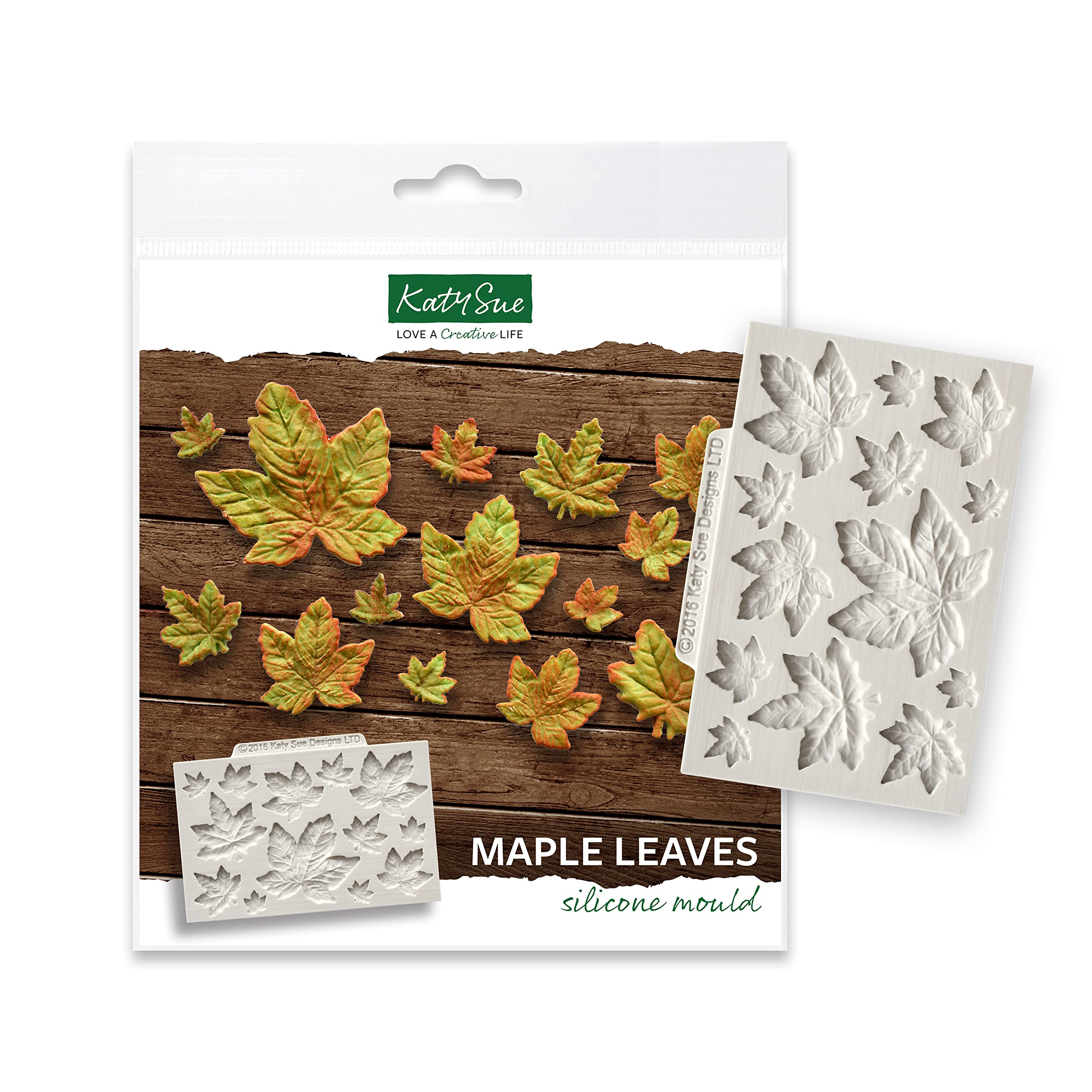 Katy Sue Maple Leaves Silicone Mould for Cake Decorating & Craft. Makes 13 Maple Leaves for Fondant, Sugar Paste, Flower Paste & Air Dry Clay. Largest 38 x 41, Smallest 11 x 11 Millimetres - UK Made