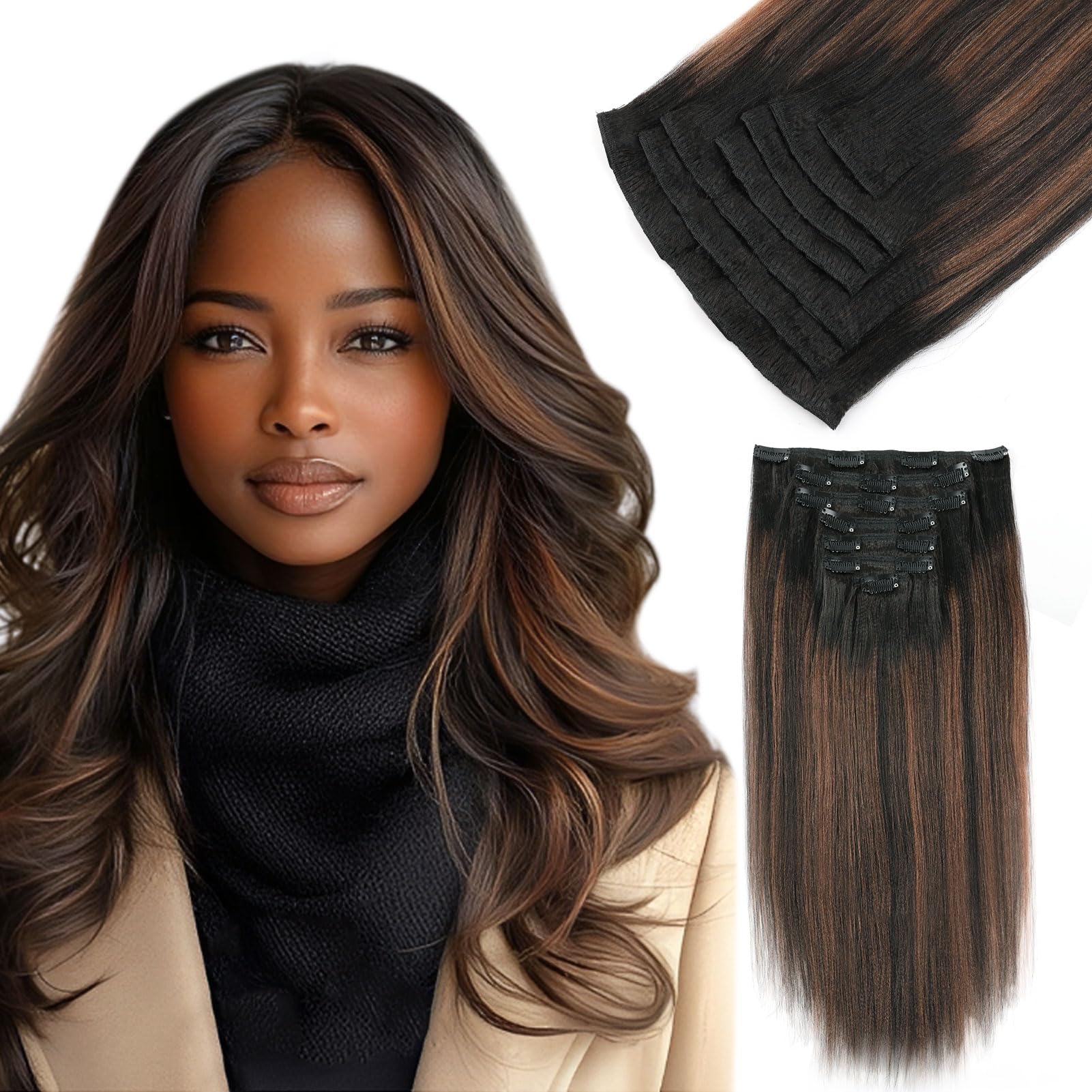 Yuniffe Yaki Straight Clip in Hair Extensions for Black Women Natural Black to Piano Color Black With Chocolate Brown Real Human Hair Extensions Clip ins Double Weft Remy Yaki Hair 12 Inch 7Pcs 120g