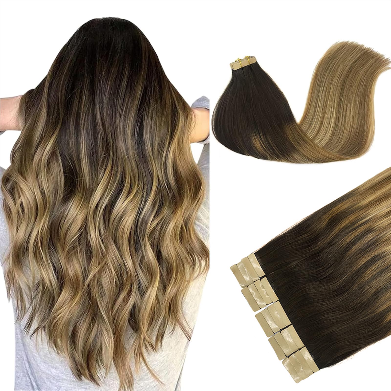 DOORES Tape in Human Hair Extensions Balayage Dark Brown to Chestnut Brown and Dirty Blonde Remy Tape in Real Natural Straight 20pcs 50g 20 Inch — image 1