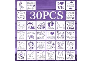 EAGEUS 30 Pieces Baby Shower Stencils, 5 Inch Cute Onesie Stencil Reusable Mixed Phrase for Painting, Small Animals Template for Bodysuit Shirts Shoes Bibs Clothes