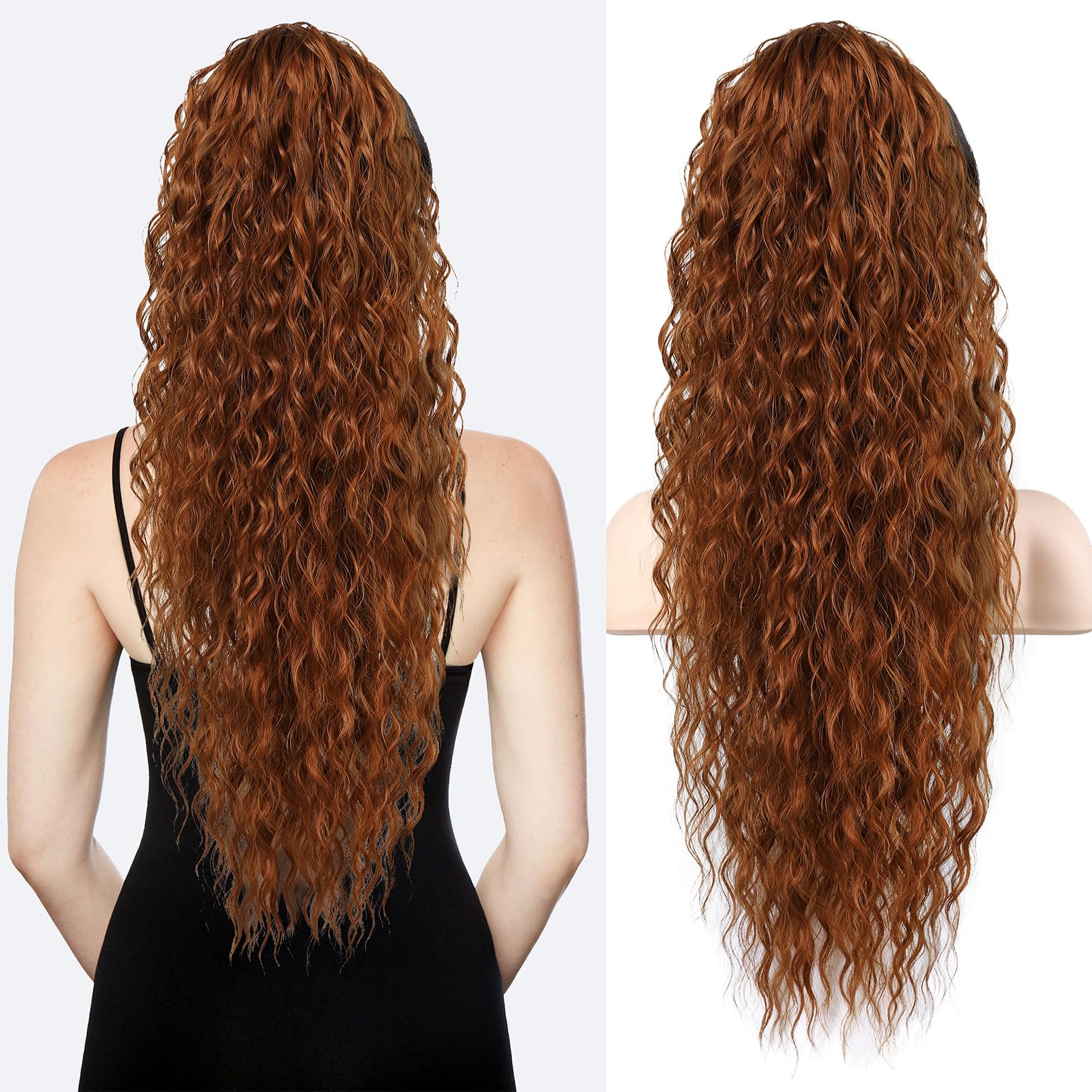 FLUFYMOOZ 26 Inch Bohemian Style Drawstring Ponytail Hair Extension, Long Curly Wavy Ponytail Natural Synthetic Hairpiece for Women (Copper Red)