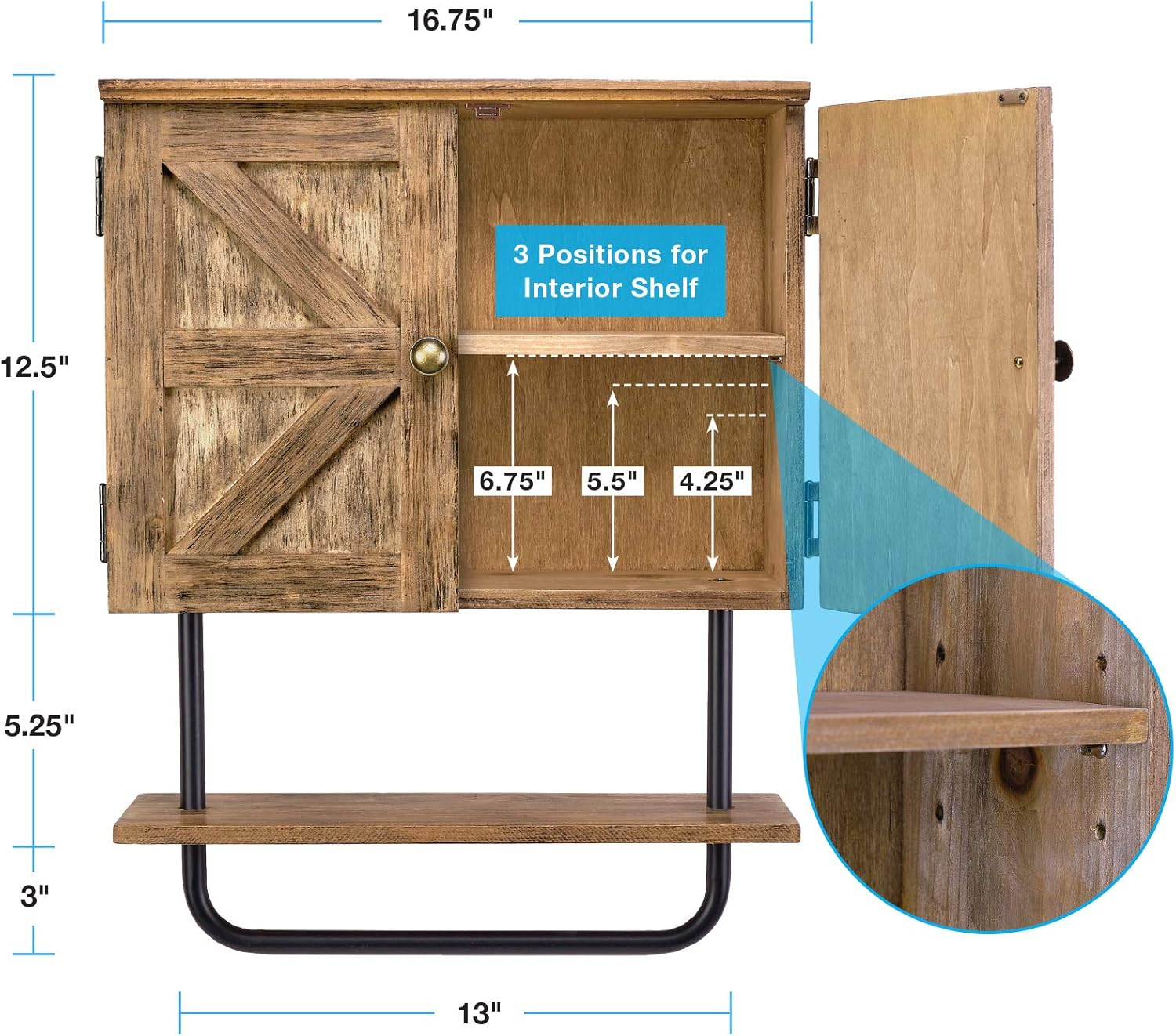 Excello Global Products Barndoor Bathroom Wall Cabinet, Space Saver Storage Cabinet Kitchen Medicine Cabinet with Adjustable Shelf and Towel Bar, Rustic Brown: Home & Kitchen