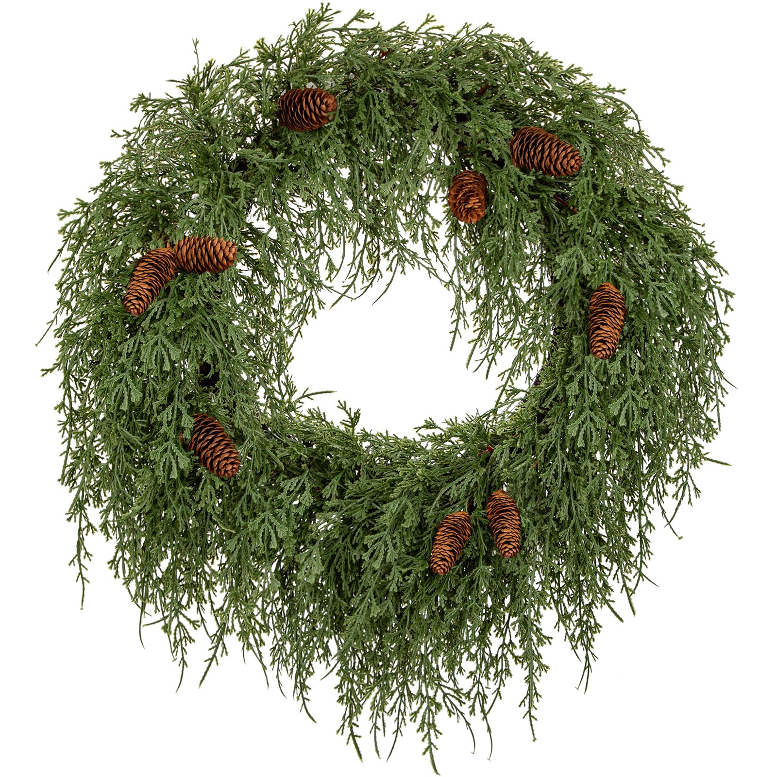 Photo 1 of 24 inch Christmas Wreath for Front Door, Real Touch Cedar Wreath with Pinecones Large Christmas Door Wreaths Artificial Hanging Pine Wreath for Xmas Indoor Outdoor Windows Holiday Decorations