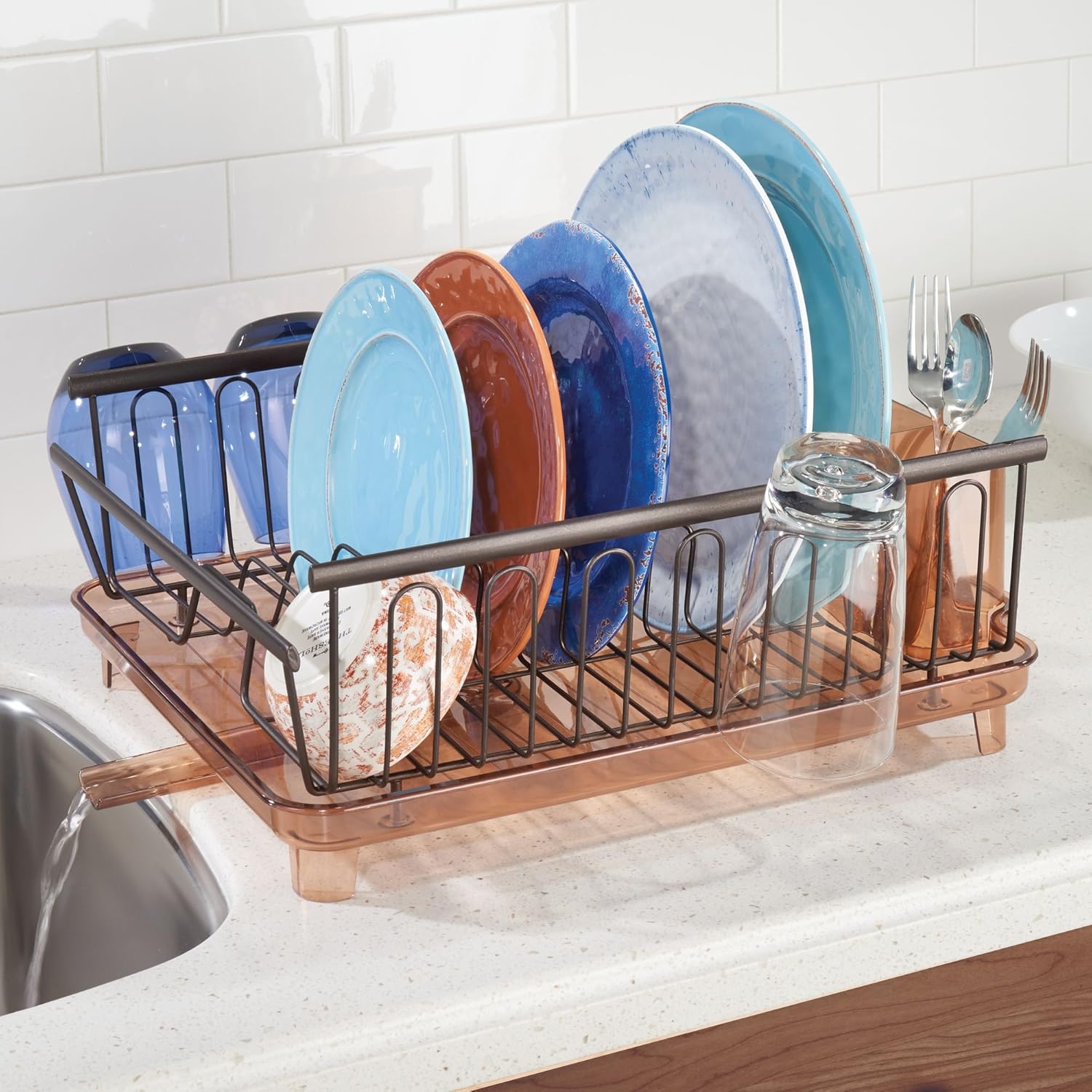 bronce Secaplatos con desagüe giratorio de metal y plástico Bandeja