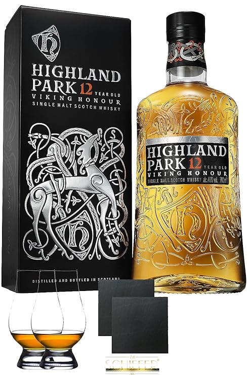 Highland Park 12 Jahre Single Malt Whisky Islands 0,7 Liter + 2 Glencairn Gläser + 2 Schiefer Glasuntersetzer ca. 9,5 cm Durc