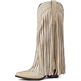 Oiamenne Cowgirl Boots Women Fringe Knee High Cowboy Boots Pointed Toe Western Boot for women Chunky Heel Pull on