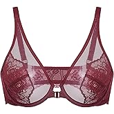 DOBREVA Women's Lace Bra Front Closure Bras Plunge Sexy See Through Minimizer Plus Size Underwire