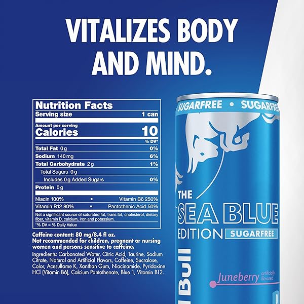 RED BULL SEA BLUE EDITION SUGAR-FREE ENERGY DRINK, JUNEBERRY, WITH 80MG CAFFEINE PLUS TAURINE & B VITAMINS, 8.4 FL OZ, PACK OF 24 CANS