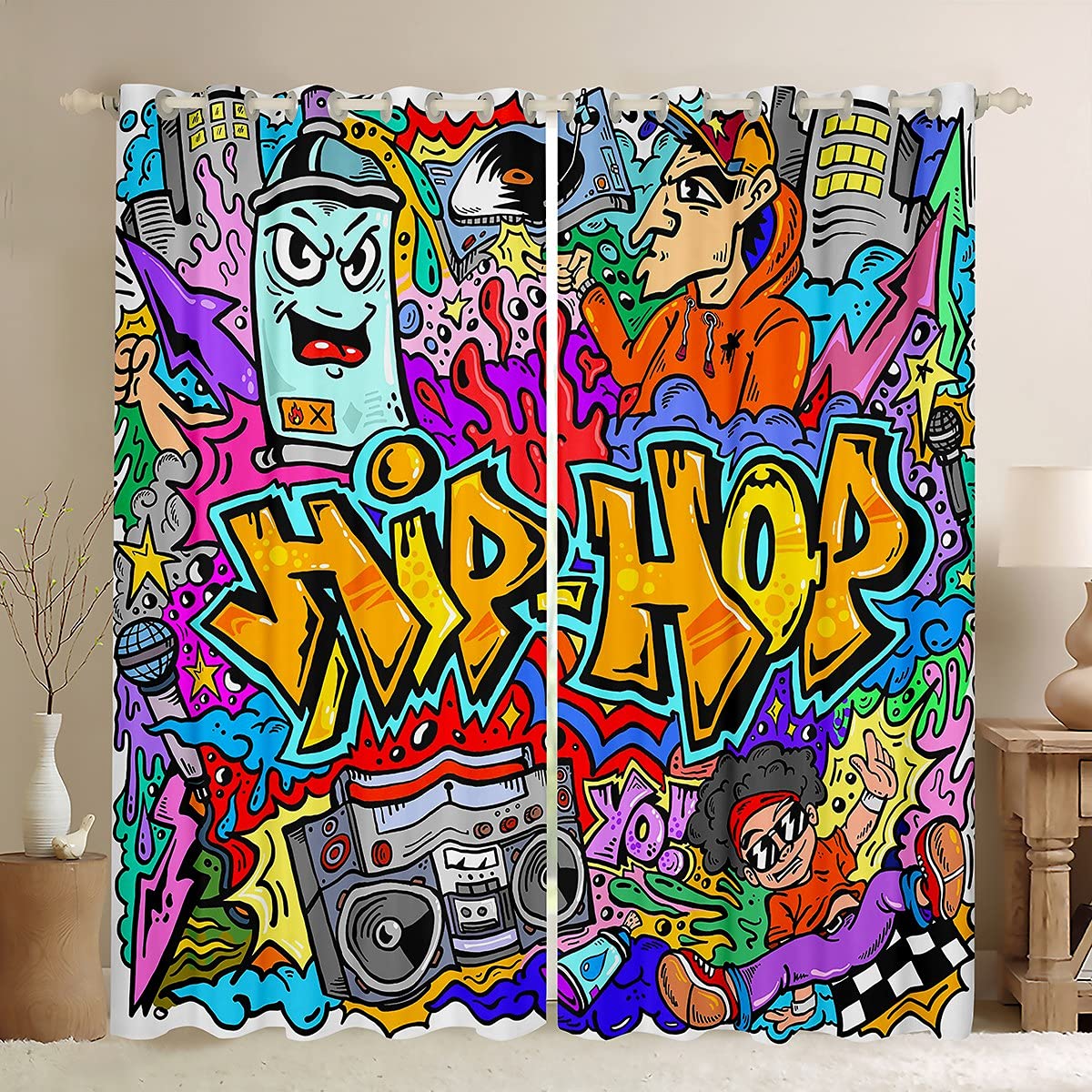 Hippie Graffiti Room Curtain Hip Hop Radio Rock Curtain for Bedroom Kids Boys Colorful Graffiti Pattern Curtain Watercolor Art Drapes,W46*L72