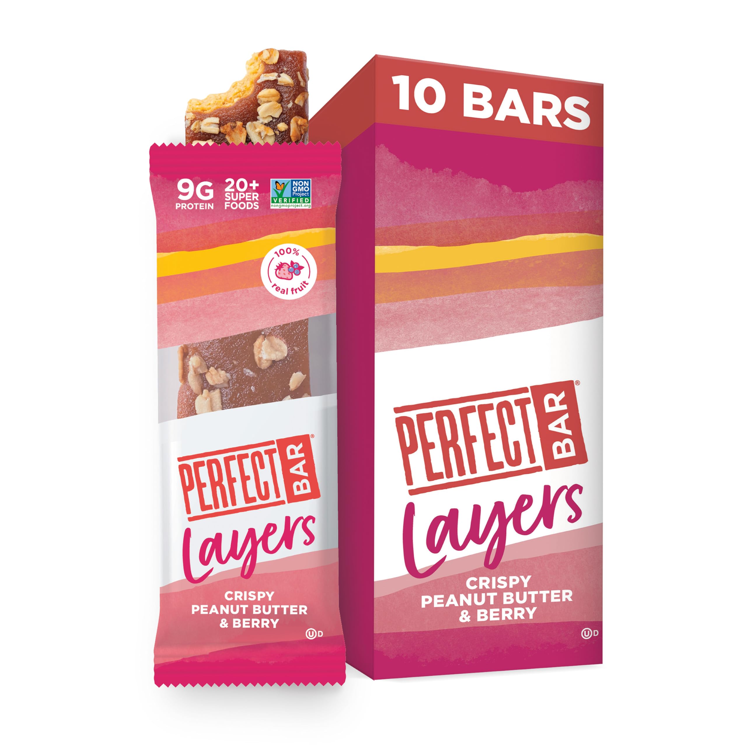 Perfect Bar Layers Crispy Peanut Butter & Berry Bar, Protein Snack, Gluten Free, Soy Free, Non GMO, No Sugar Alcohols, 1.9 Ounce Bars, 10 Count