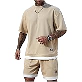 GORGLITTER Men's Sets 2 Piece Outfits Casual Drop Shoulder Short Sleeve T Shirt and Elastic Waist Shorts Set