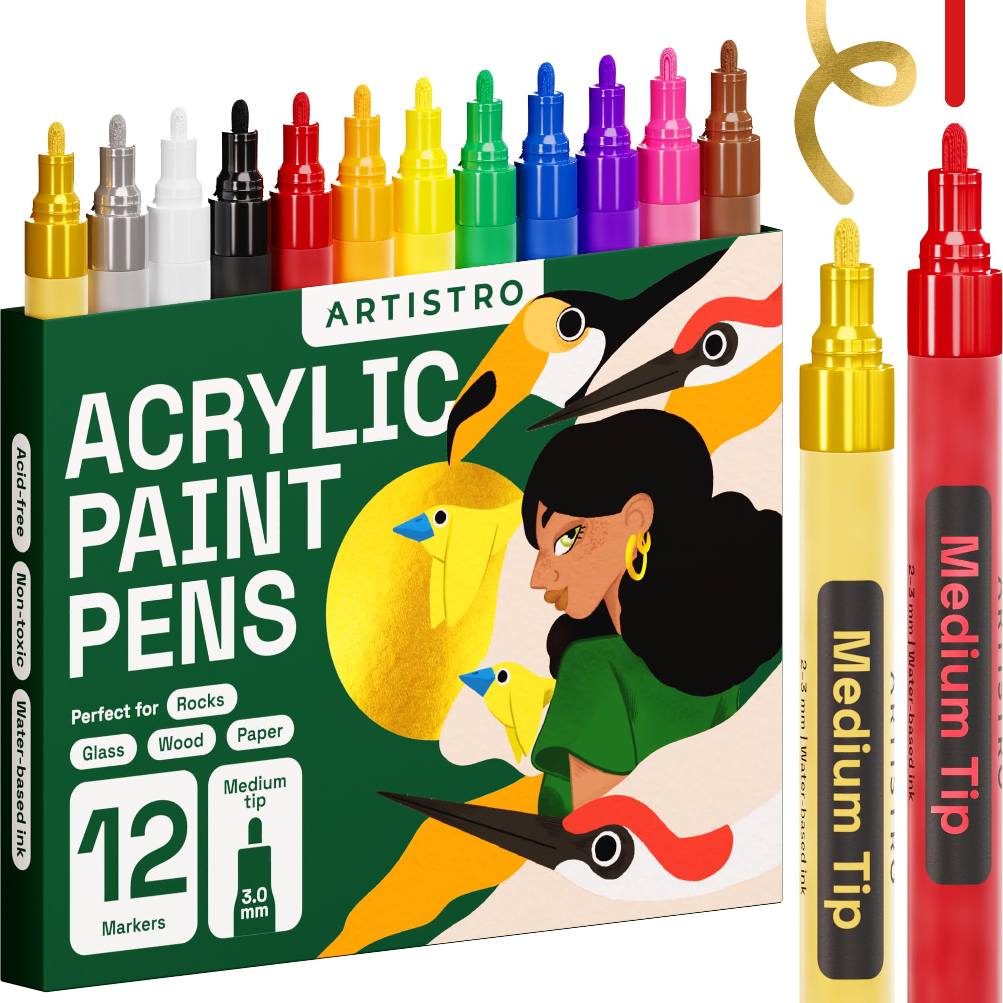 ARTISTRO Acrylic Paint Pens for Rock Painting, Stone, Ceramic, Glass, Wood, Fabric, Canvas, Porcelain. Set of 12 Acrylic Paint Markers Medium Tip