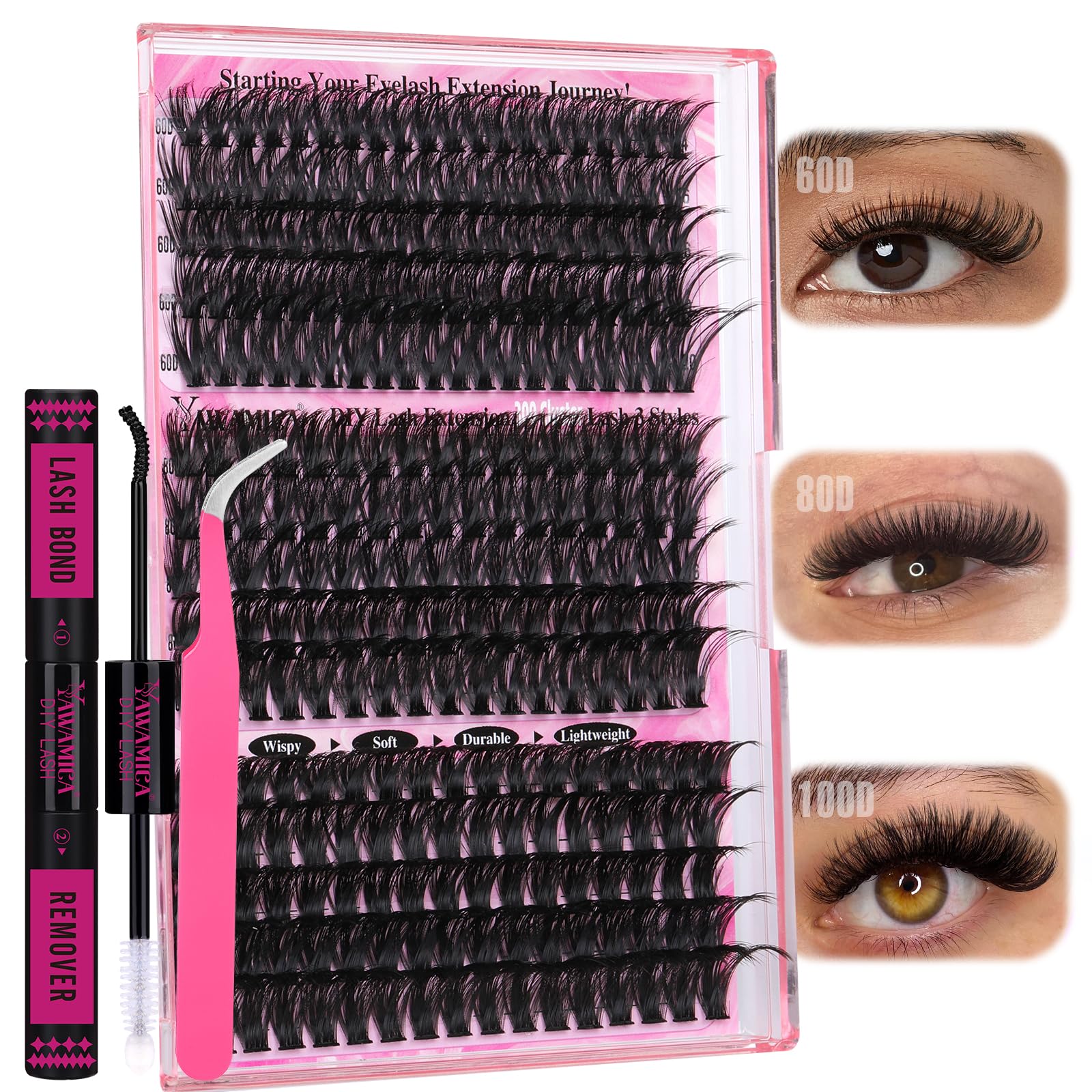 Photo 1 of Yawamica Faux Mink Eyelash Extensions Kit, 300pcs 60D+80D+100D Individual Clusters, Black, Cruelty Free, DIY Lash Beginners