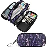 Fustylead Purple Lavender Pencil Pen Case with 3 Compartments, Lightweight & Spacious Stationery Bag Cosmetics Bag