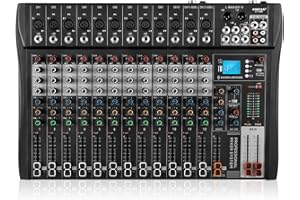 KASCHUN Professional Audio mixer, 12 channel mixer sound Board mixer DJ Mixing，Equipped with 48V phantom power USB recording Bluetooth MP3 player, studio audio mixer suitable for DJ studio streaming recording