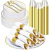 Zcaukya 350 PCS Gold Plastic Dinnerware for 50 Guests, Elegant Disposable Utensils Set with 100 Plates, 50 Pre-Wrapped Napkins, 50 Cups, 50 Spoons, 50 Forks and 50 Knives for Birthday Parties Weddings
