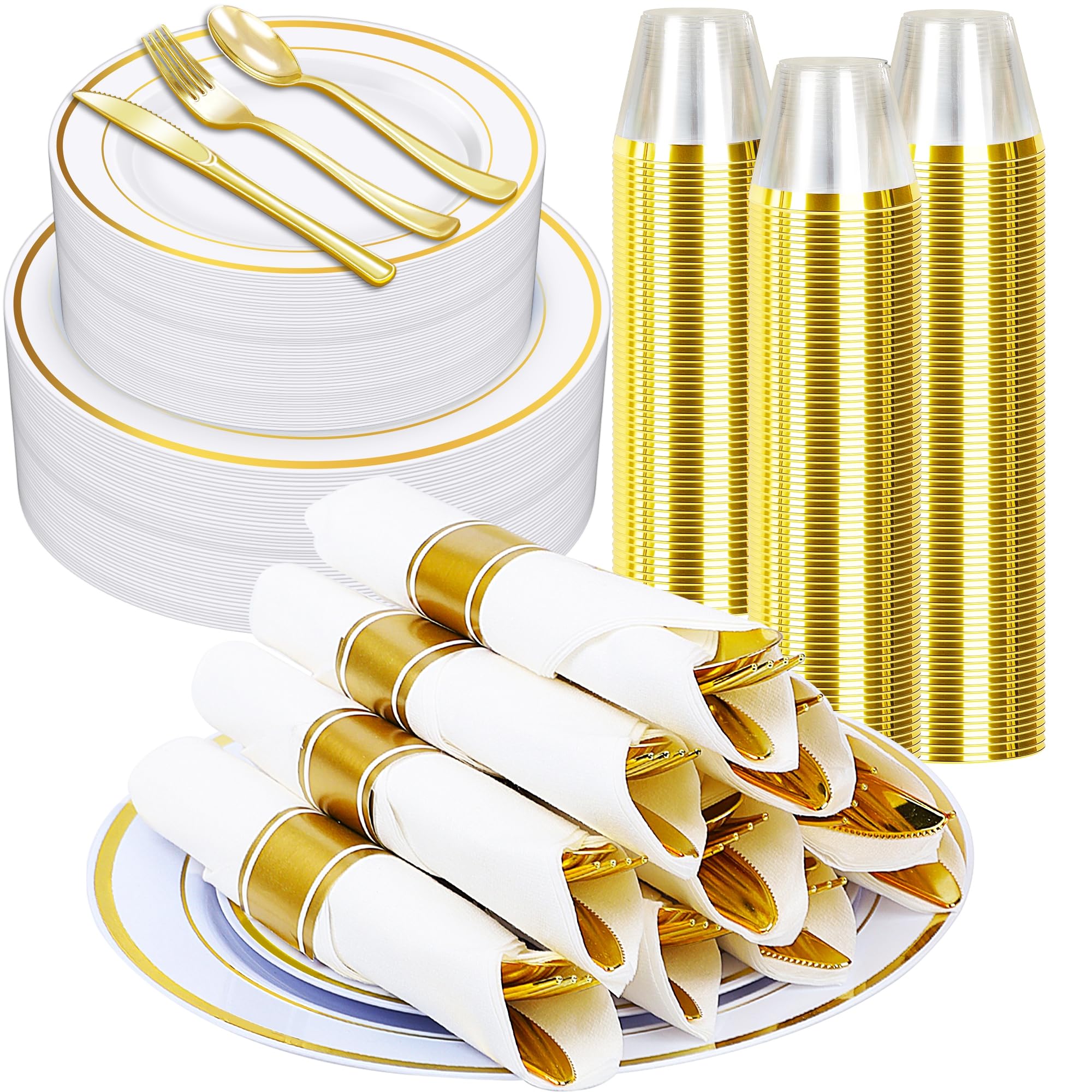 Photo 1 of Zcaukya 350PCS Gold Dinnerware for 50 Guests, Plastic Plates for Party, 50 Pre-rolled Napkins,100 Gold Plates, 50 Cups, 50 Spoons, 50 Forks and 50 Knives