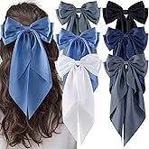 hisial 6Pcs Large Bows Hair Clips for Women Girls Long Tail Hair Ribbon Silky Satin Barrettes Coquette Bows Accessories (Black/Skyblue/Grayblue)