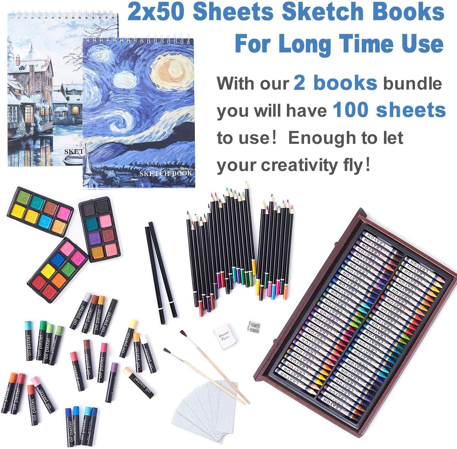 145 Piece Art Set with 2 x 50 Page Drawing Pad, Art Supplies in Portable Wooden Case, Crayons, Oil Pastels, Colored Pencils, Watercolor Cakes, Sharpener, Sandpaper: Arts, Crafts & Sewing