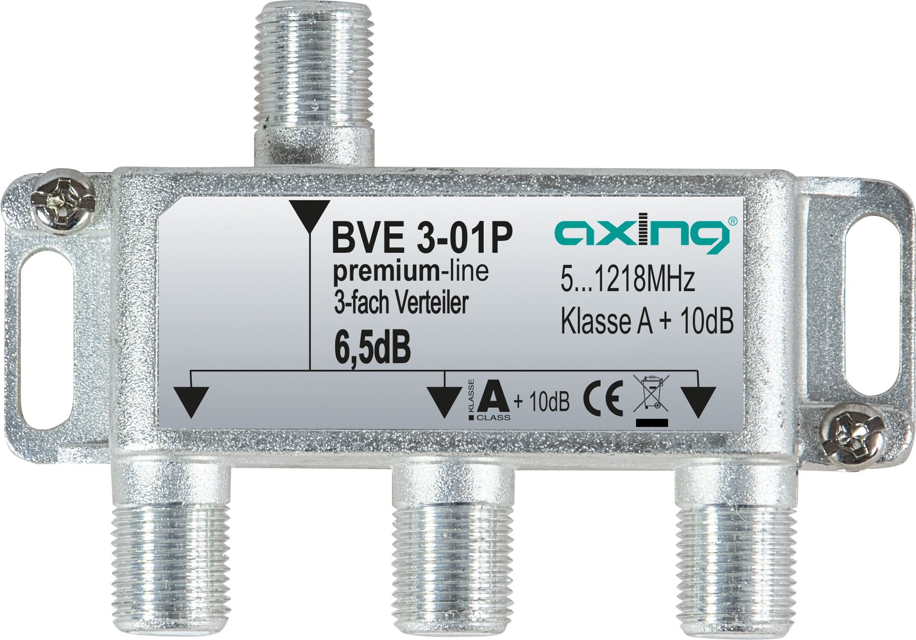 Axing BVE 3-01P 3-Way Splitter Cable TV CATV Multimedia DVB-T2 Class A+, 10 dB, 5-1218 MHz Metal