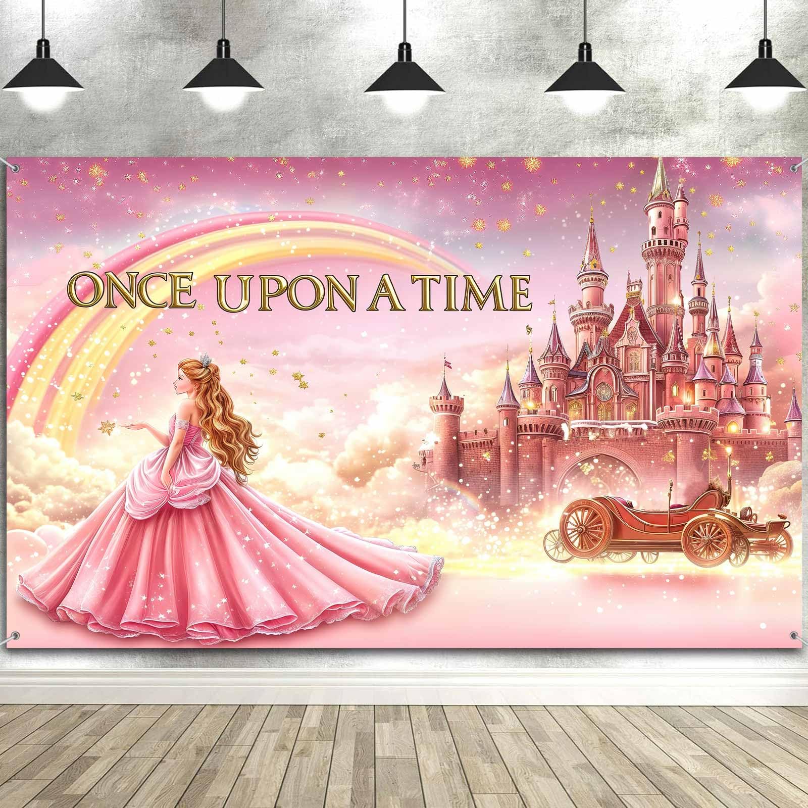 Photo 1 of 10X8ft Pink Princess Castle Birthday Photo Backdrop Decorations Light Pink Royal Carriage Photography Background Castle Table Decoration for Girl Birthday Wedding Party Decorations Supplies