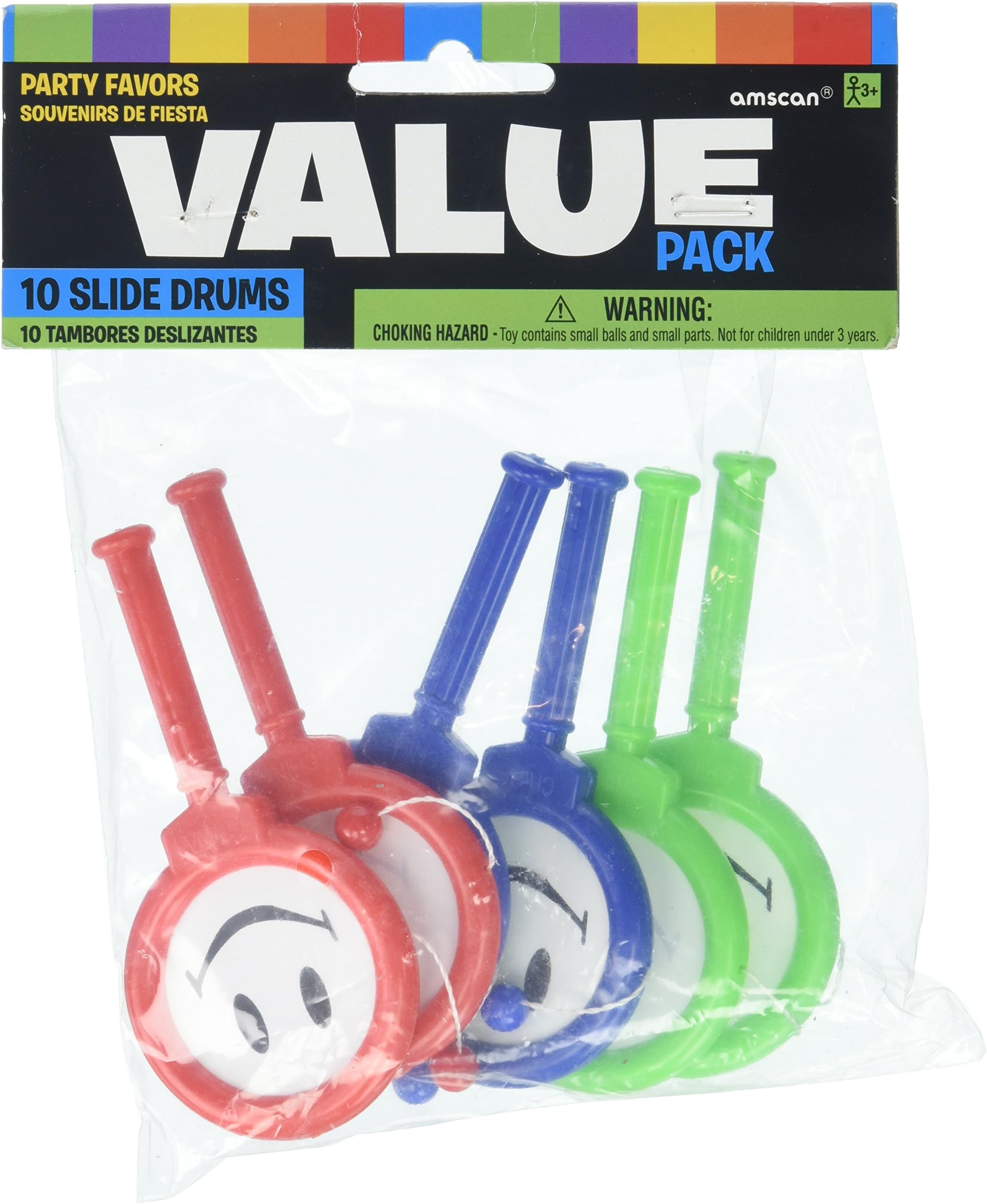 amscan 390535 Supplies Smile Slide Drums Musical Party Toy Noisemaker Favour & Prize, Plastic (10 Pack), Multi Color, 7" x 5.7"