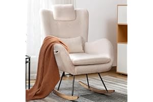 LEMBERI Rocking Chair Nursery, Teddy Upholstered Padded Seat Rocking Chair with Headrest, High Backrest Glider Accent Chair for Bedroom, Nursery, Living Room (Ivory White)