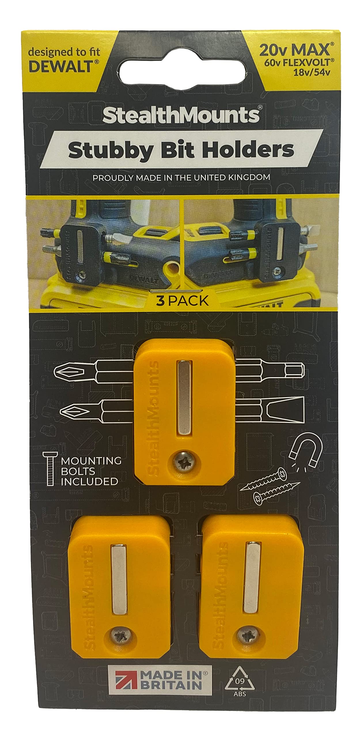 StealthMounts Stubby Magnetic Bit Holder Compatible with DeWalt - 3 Pack | Drill Bit Organizer | Compact Bit Holder for Drill | Impact Driver Bit Holder | Bit Holder for Impact Driver