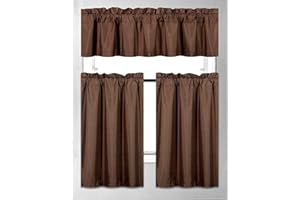 FANCY LINEN Fancy Collection 3 Pieces Faux Silk Blackout Kitchen Curtain Set Tier Curtains and Valance Set Solid Brown/Chocolate Window Set Thermal Backing Drapes New