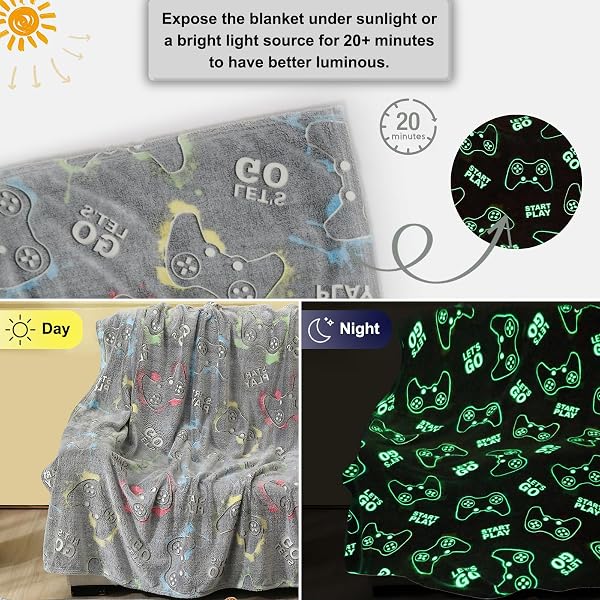 JEKENO GLOW IN THE DARK GAMING BLANKET GAMER GAME CONTROLLER THROW GIFT TOYS FOR KIDS BOYS TEEN SON ADULTS GAMEPAD PRESENTS EASTER BIRTHDAY CHRISTMAS BEDROOM DECOR LUMINOUS BLANKET GREY 50″X60″