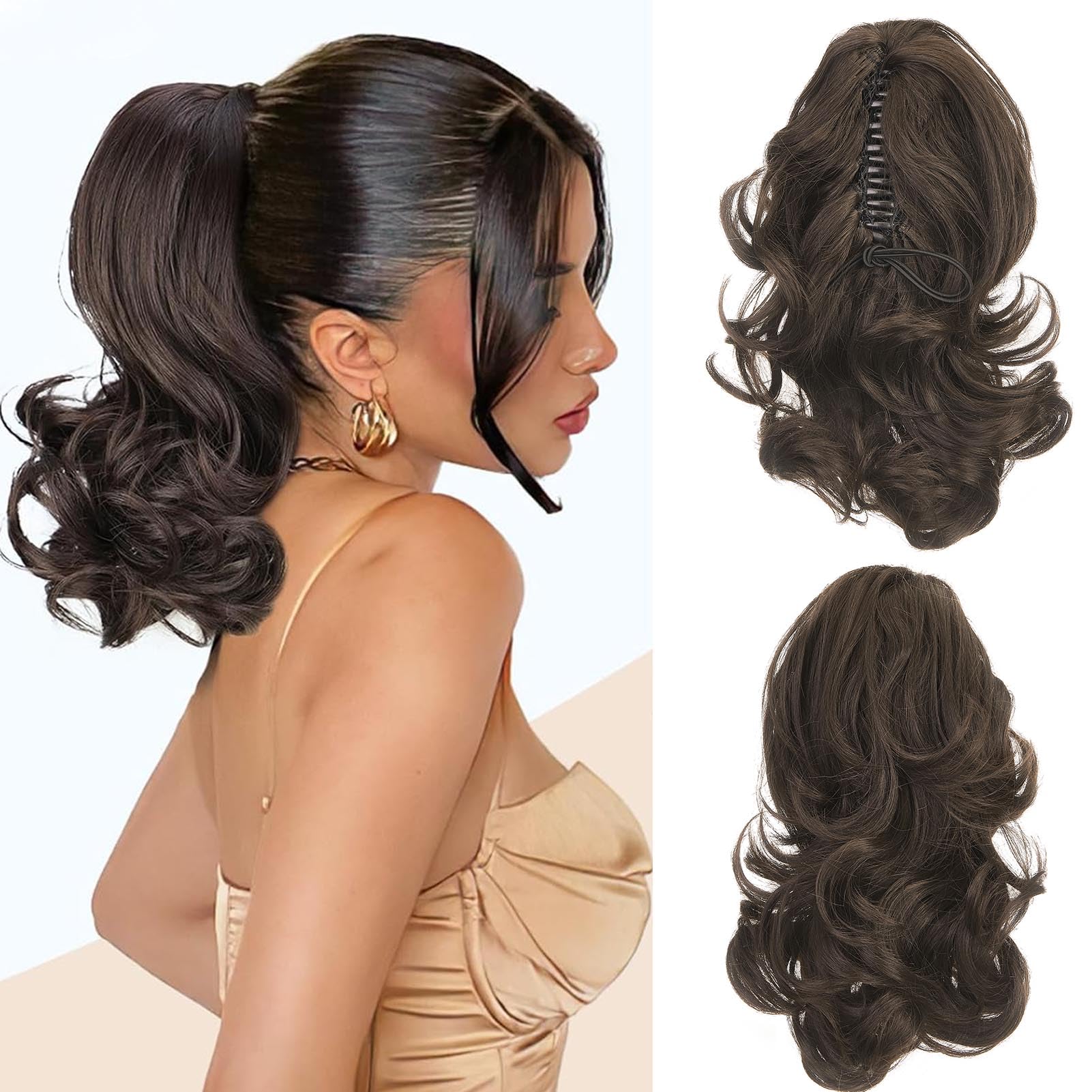 Cybelleza 14 inch Ponytail Hair Extension Curly Wavy Claw Jaw on Long Short Cute Pony Tails Clip in Hair Extensions Ponytail Hairpieces Synthetic for Women, Medium Brown