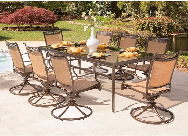 Patio Lawn Garden Dining Sets Tan Fntdn7pcswc Outdoor Furniture Cast Top Table X 72 In Hanover Fontana 7 Piece Dining Set With 6 Sling Swivel Rockers And A 38 In