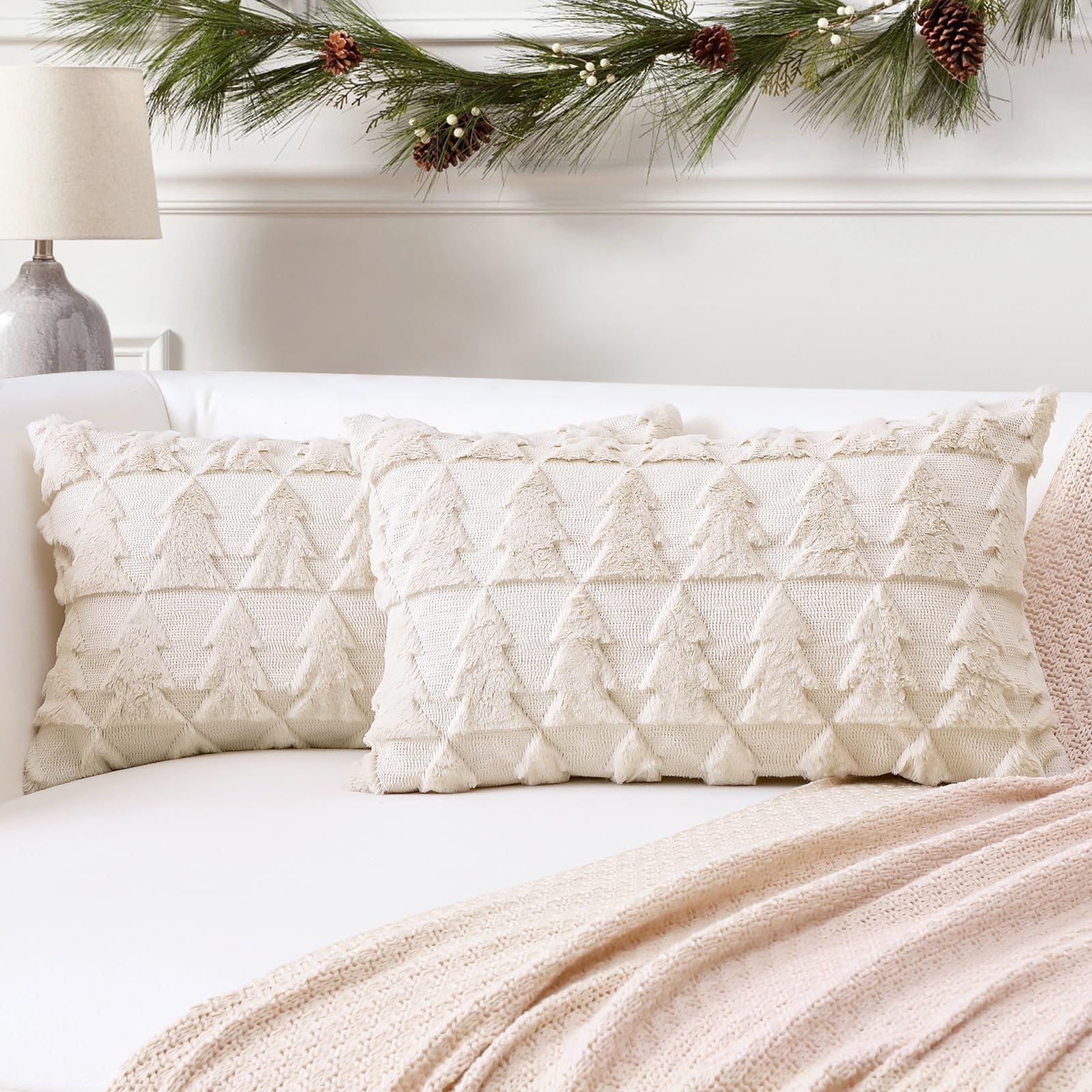 Artscope Set of 2 Soft Plush Short Wool Velvet Decorative Cushion Covers Square Luxury Style Throw Pillow Covers Pillow Shell for Sofa Bedroom Christmas Tree Cream Beige, 30x50cm — image 1