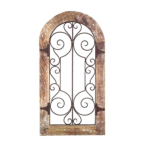 Benjara Arched Wooden Frame Wall Panel With Scrolled Metal Accents Rustic Brown - 