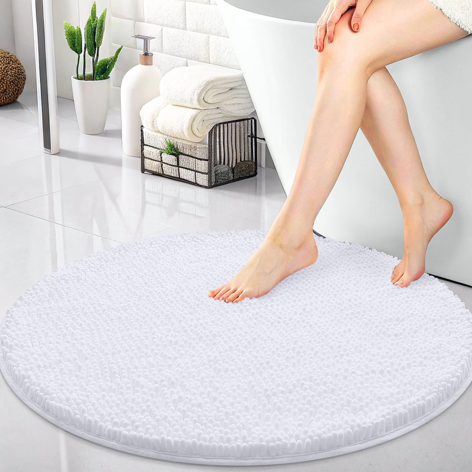 Photo 1 of OLANLY 30-inch Round Bathroom Rugs, Extra Soft and Absorbent Chenille Bath Rugs, Quick Dry Machine Washable Bath Mats for Bathroom Floor, Tub and Shower, Home Decor Accessories, White