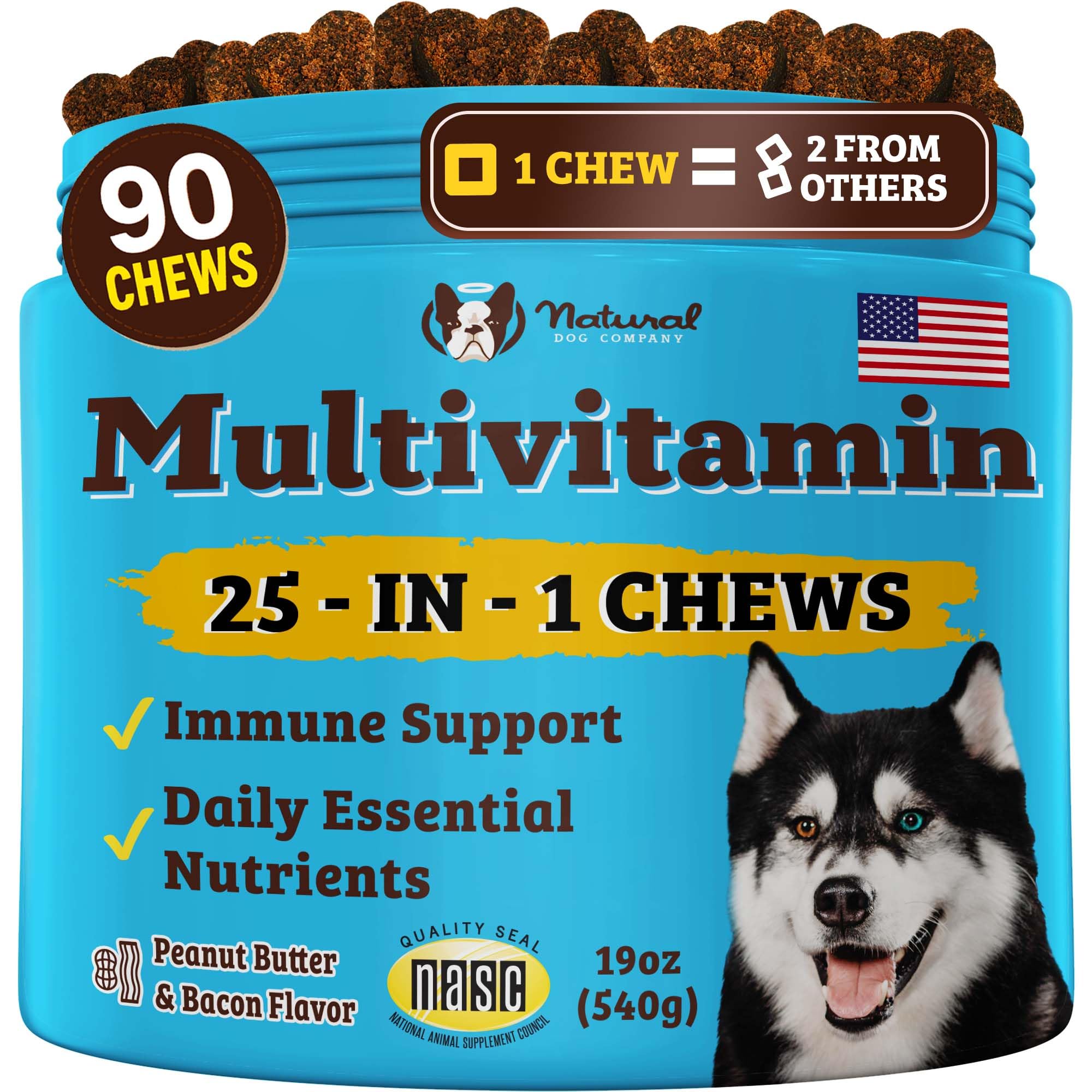 Natural Dog Company Multivitamin Chews (90 Pieces), Dog Vitamins and Supplements, Duck & Sweet Potato Flavor, for Dogs of All Ages, Sizes, & Breeds, Supports Immune System