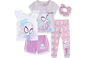 Marvel Spider-Gwen Ghost Spider Girls Mix & Match 5 Piece Outfit Set with 2 Tops, Leggings, Shorts & Scrunchie for Toddlers