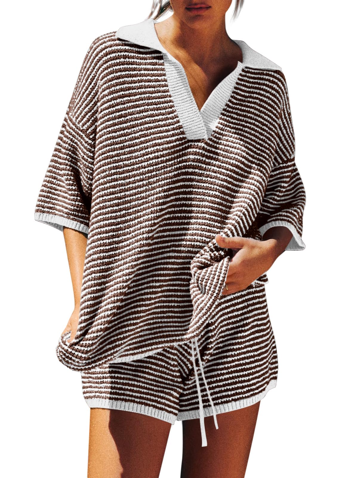 Photo 1 of **PARTIAL SET/ TOP ONLY** Tankaneo Womens Sweater Set 2 Piece Outfits Oversized 3/4 Sleeve V Neck Knit Tops High Waisted Shorts Lounge Sets