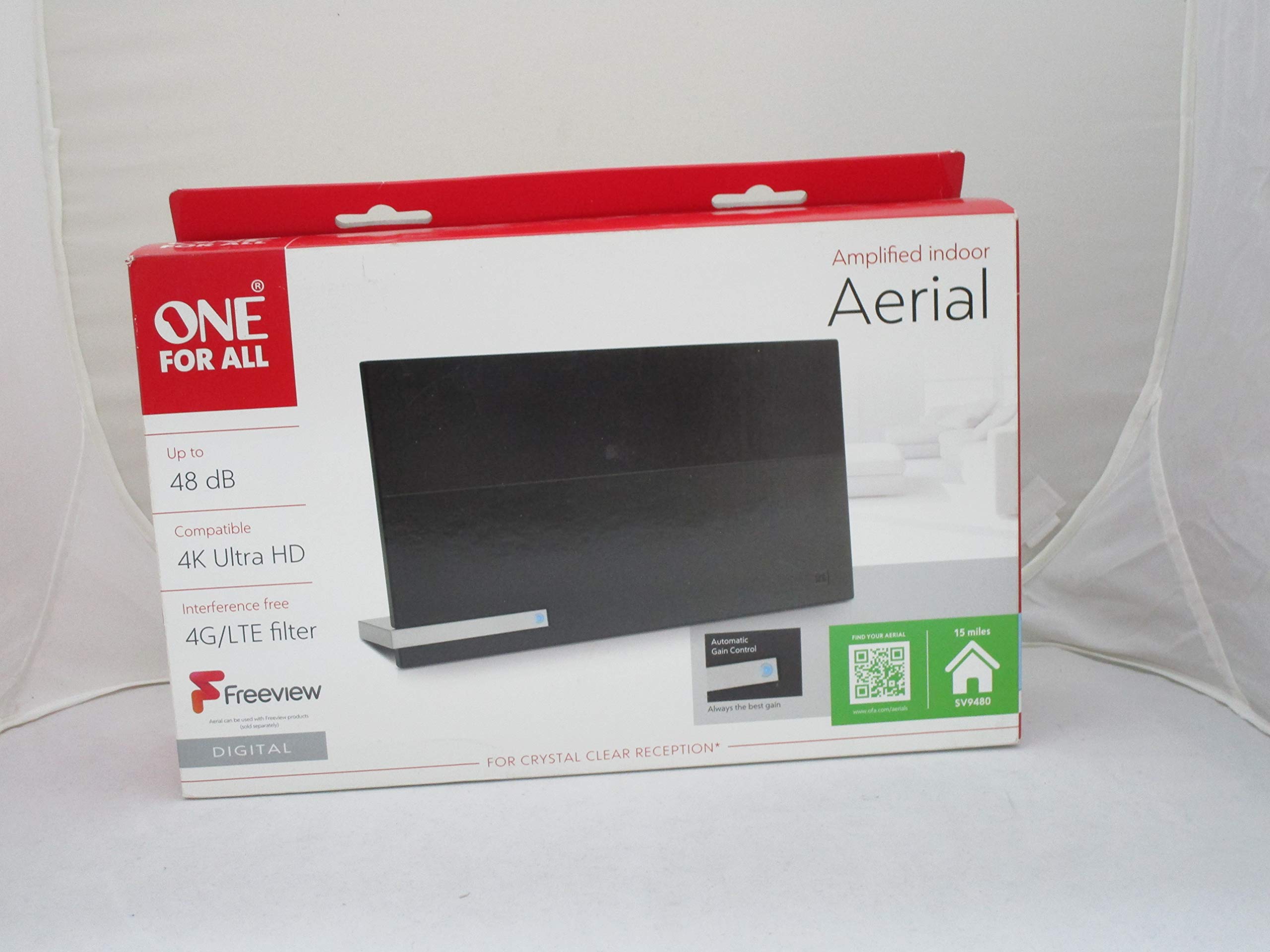 One For All Amplified Indoor Antenna - Black - 48 dB Gain - Ready to recieve Freeview - Digital Antenna - SV9480